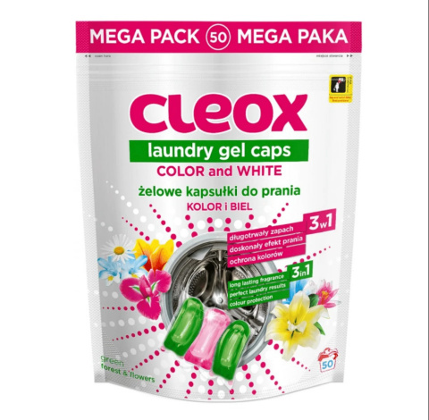 CLEOX Kapsułki żelowe do prania 3w1 biały i kolor 50szt